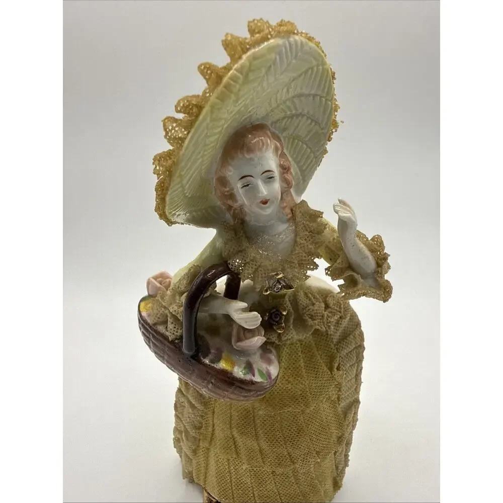 Vintage Porcelain Lace Lady Figurine 6” Victorian Woman Yellow Dress Bonnet *